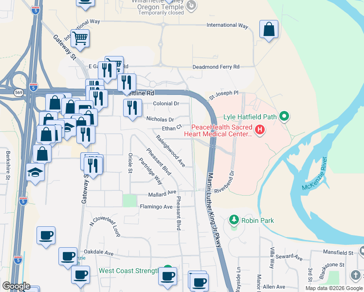 map of restaurants, bars, coffee shops, grocery stores, and more near 3270 Game Farm Road in Springfield