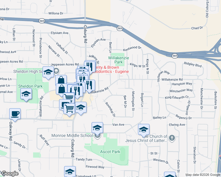 map of restaurants, bars, coffee shops, grocery stores, and more near 2982 Willakenzie Road in Eugene