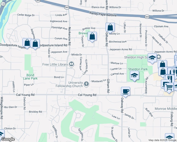 map of restaurants, bars, coffee shops, grocery stores, and more near 1909 Carmel Avenue in Eugene