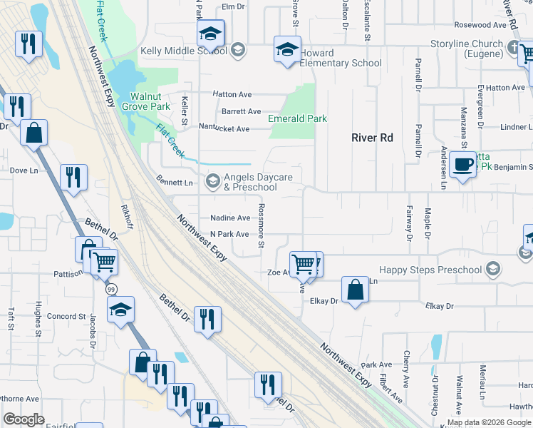 map of restaurants, bars, coffee shops, grocery stores, and more near 1087 North Park Avenue in Eugene
