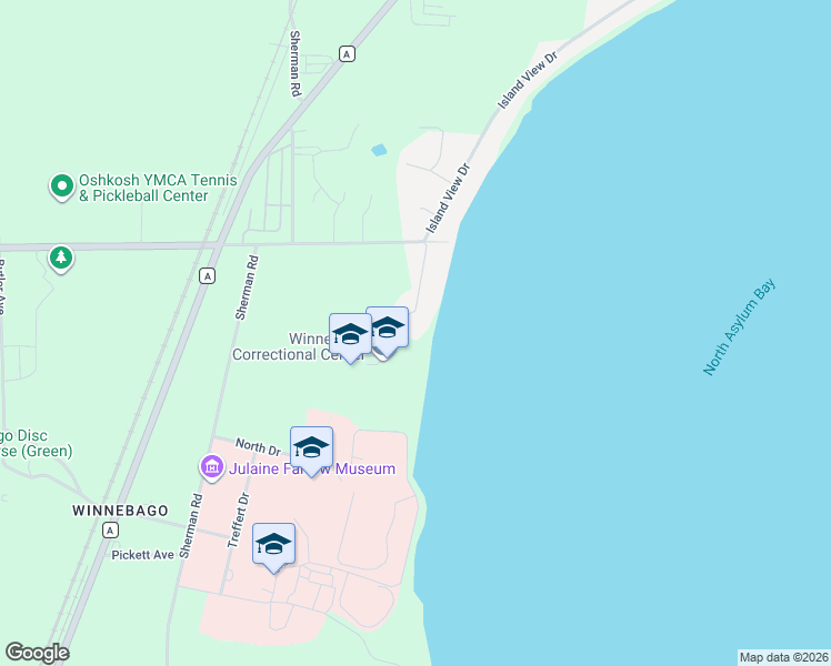 map of restaurants, bars, coffee shops, grocery stores, and more near 4390 Island View Drive in Oshkosh