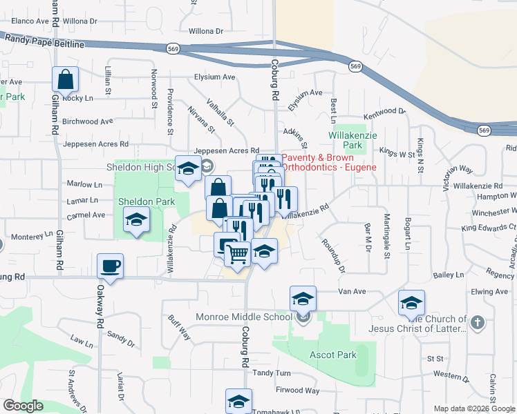 map of restaurants, bars, coffee shops, grocery stores, and more near 2677 Willakenzie Road in Eugene