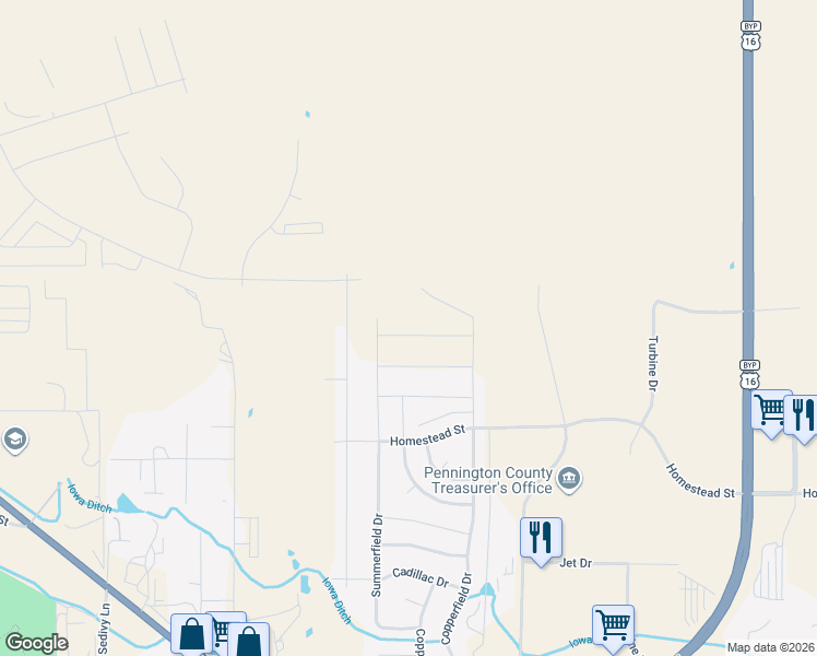 map of restaurants, bars, coffee shops, grocery stores, and more near 3216 Homestead Street in Rapid City