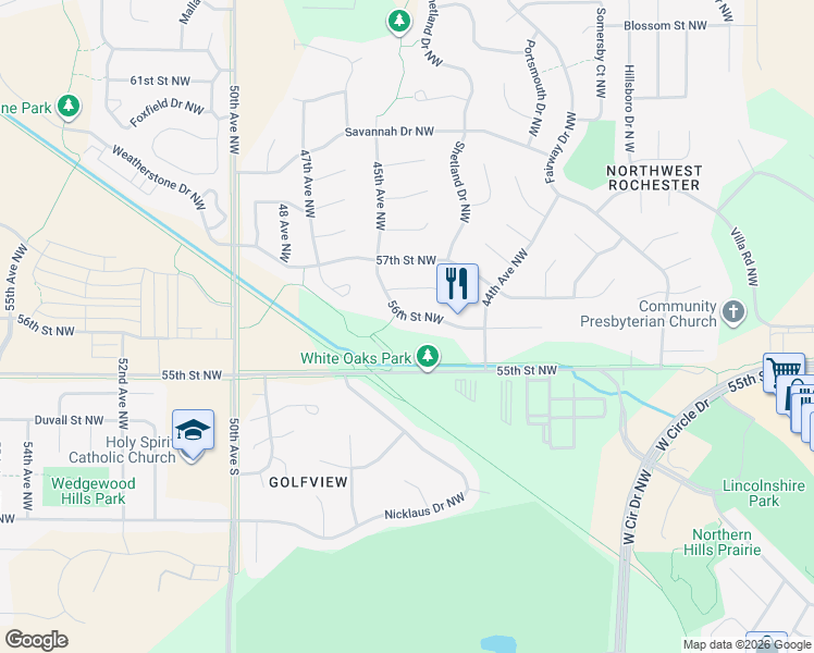 map of restaurants, bars, coffee shops, grocery stores, and more near 4454 56th Street Northwest in Rochester