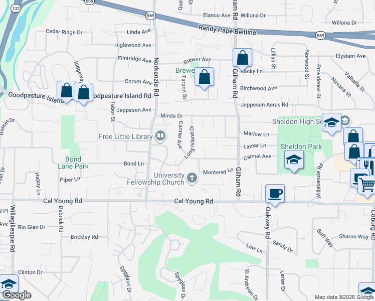 map of restaurants, bars, coffee shops, grocery stores, and more near 1630 Long Island Drive in Eugene