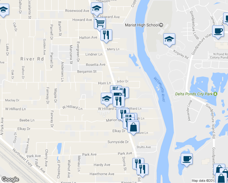 map of restaurants, bars, coffee shops, grocery stores, and more near 1149 Stevi Shay Lane in Eugene
