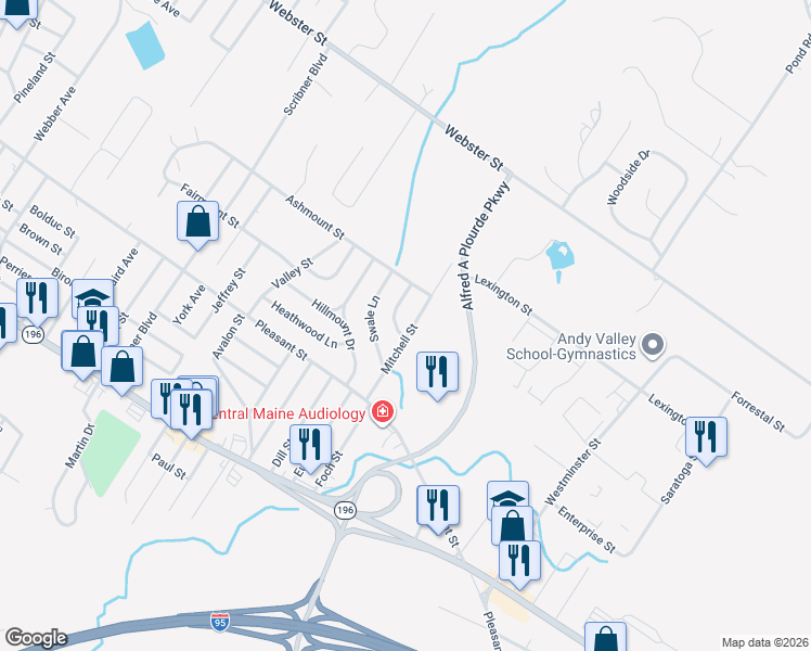 map of restaurants, bars, coffee shops, grocery stores, and more near 16 Mitchell St in Lewiston