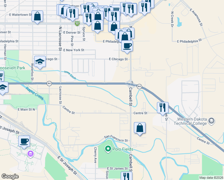 map of restaurants, bars, coffee shops, grocery stores, and more near 1033 East Omaha Street in Rapid City
