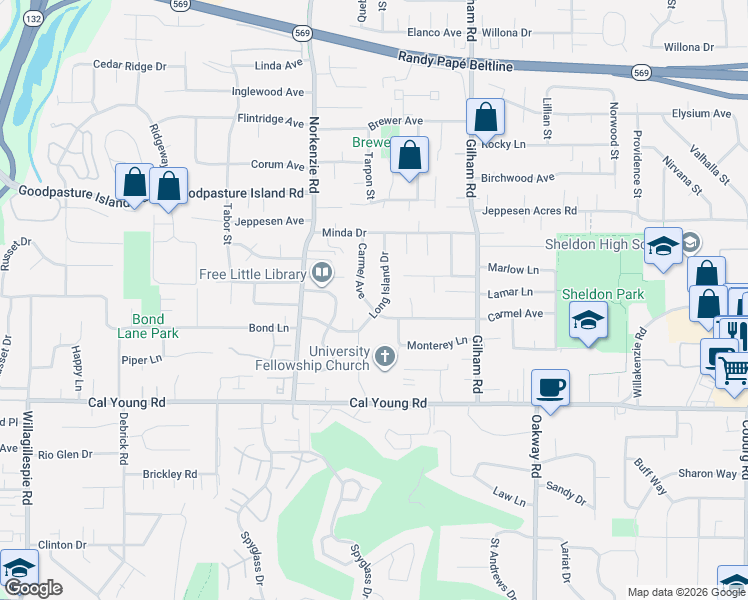 map of restaurants, bars, coffee shops, grocery stores, and more near 1630 Long Island Drive in Eugene