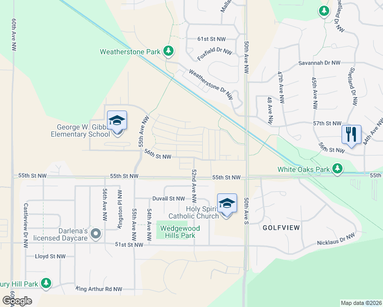 map of restaurants, bars, coffee shops, grocery stores, and more near 5243 56th Street Northwest in Rochester
