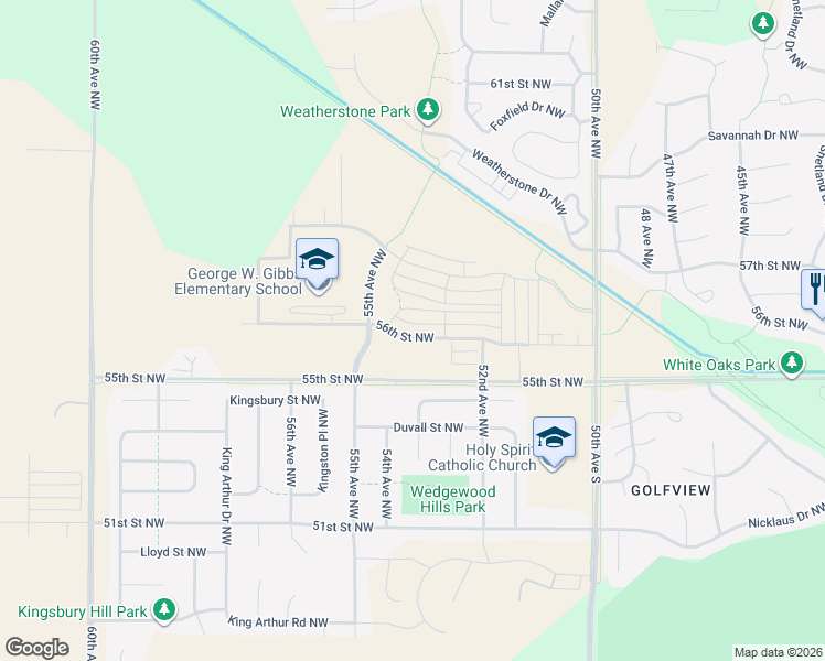 map of restaurants, bars, coffee shops, grocery stores, and more near 5327 56th Avenue Northwest in Rochester