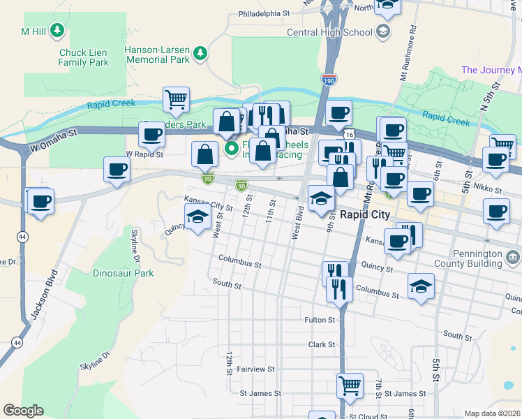 map of restaurants, bars, coffee shops, grocery stores, and more near 1111 Kansas City Street in Rapid City
