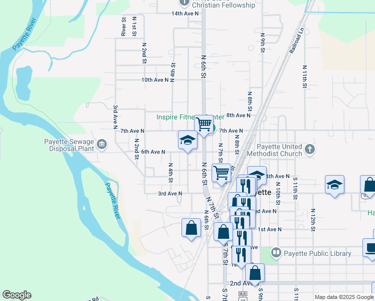 map of restaurants, bars, coffee shops, grocery stores, and more near 609 North 5th Street in Payette