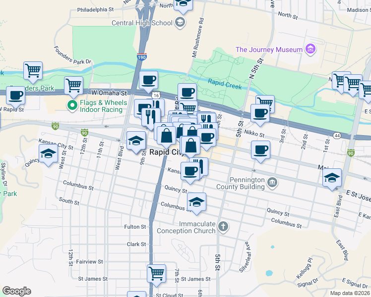 map of restaurants, bars, coffee shops, grocery stores, and more near 517 7th Street in Rapid City