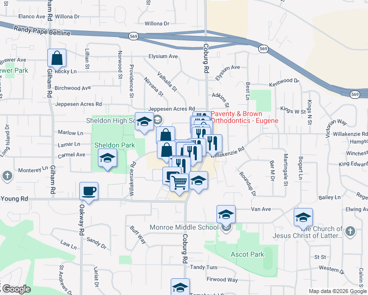 map of restaurants, bars, coffee shops, grocery stores, and more near 2455 Willakenzie Road in Eugene