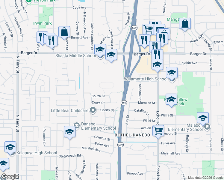 map of restaurants, bars, coffee shops, grocery stores, and more near 4518 Souza Street in Eugene