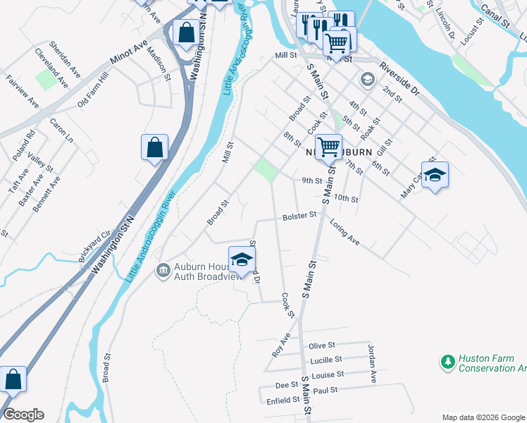 map of restaurants, bars, coffee shops, grocery stores, and more near 50 Bolster Street in Auburn