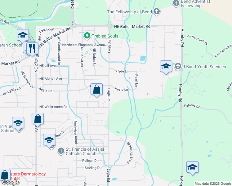 map of restaurants, bars, coffee shops, grocery stores, and more near 21421 Keyte Lane in Bend