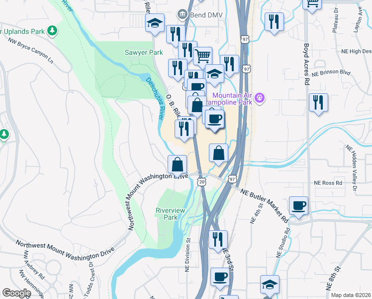 map of restaurants, bars, coffee shops, grocery stores, and more near 3075 U.S. 97 Business in Bend