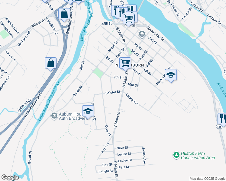 map of restaurants, bars, coffee shops, grocery stores, and more near 25 Bolster Street in Auburn