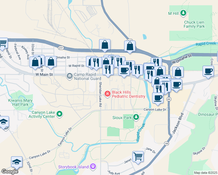 map of restaurants, bars, coffee shops, grocery stores, and more near 620 Sheridan Lake Road in Rapid City