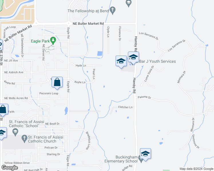 map of restaurants, bars, coffee shops, grocery stores, and more near 21473 Keyte Lane in Bend