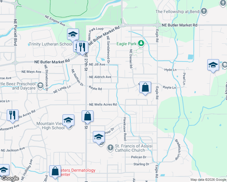 map of restaurants, bars, coffee shops, grocery stores, and more near 3016 Northeast Pacific Crest Drive in Bend