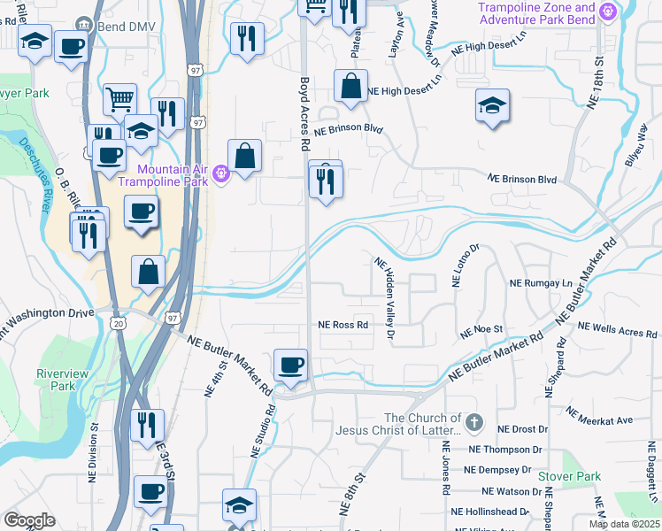 map of restaurants, bars, coffee shops, grocery stores, and more near 900 Northeast Warner Place in Bend