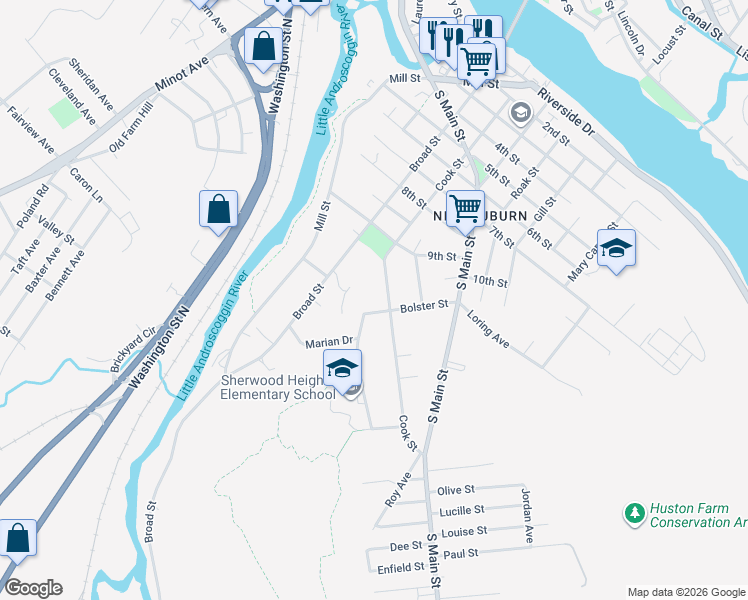 map of restaurants, bars, coffee shops, grocery stores, and more near 50 Bolster Street in Auburn
