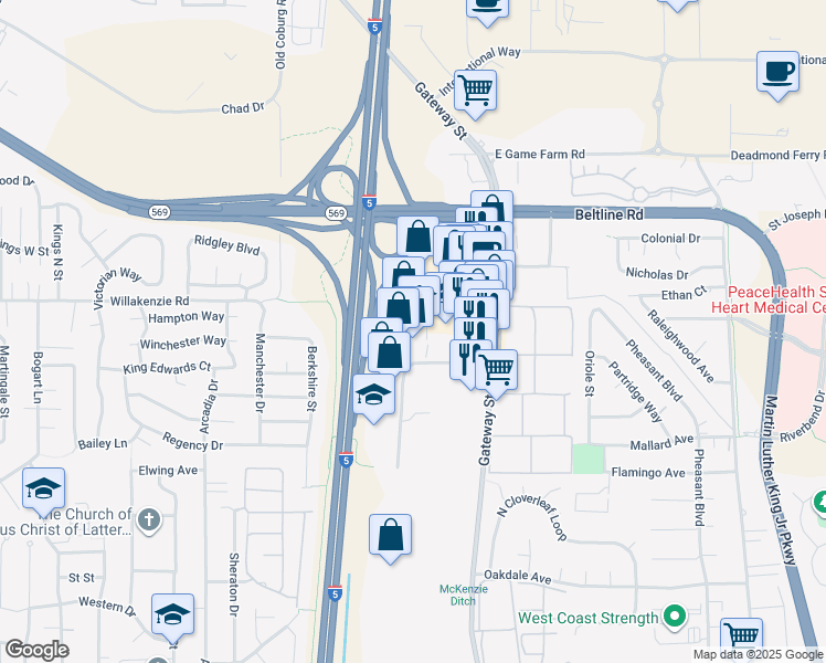 map of restaurants, bars, coffee shops, grocery stores, and more near 1186 Gateway Loop in Springfield