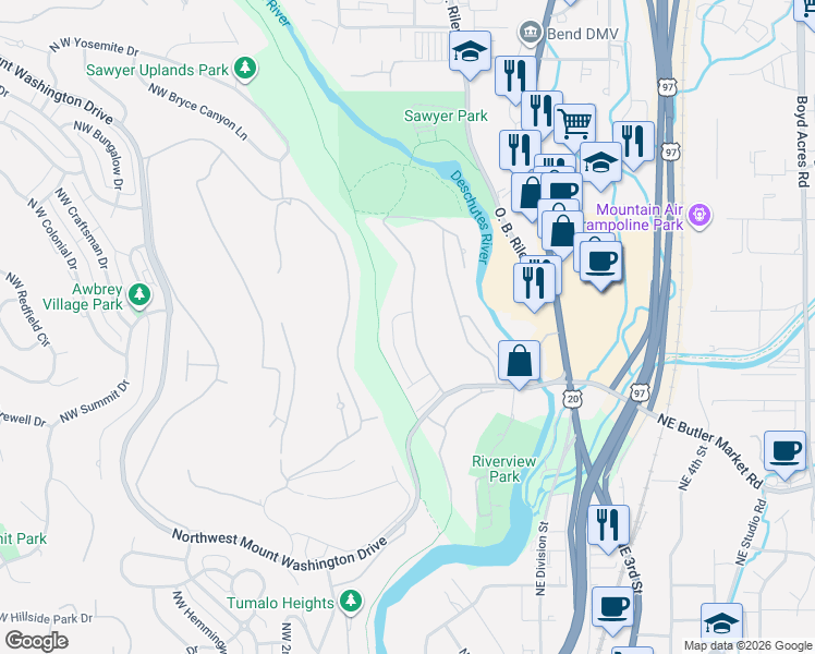 map of restaurants, bars, coffee shops, grocery stores, and more near 3061 Northwest Clubhouse Drive in Bend