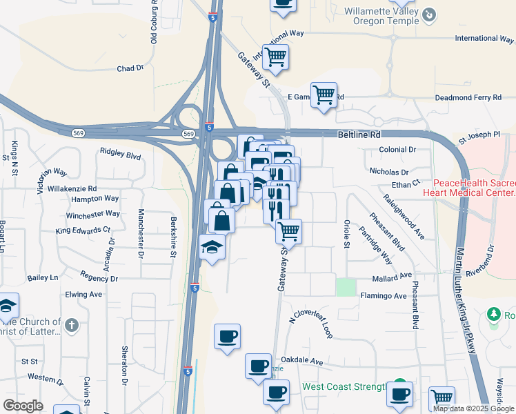 map of restaurants, bars, coffee shops, grocery stores, and more near 1126 Gateway Loop in Springfield