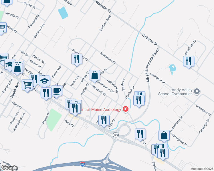 map of restaurants, bars, coffee shops, grocery stores, and more near 18 Heathwood Lane in Lewiston