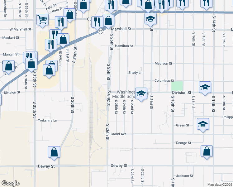 map of restaurants, bars, coffee shops, grocery stores, and more near 1509 South 25th Street in Manitowoc