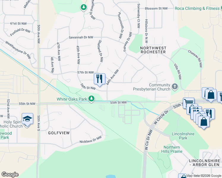 map of restaurants, bars, coffee shops, grocery stores, and more near 4406 56th Street Northwest in Rochester