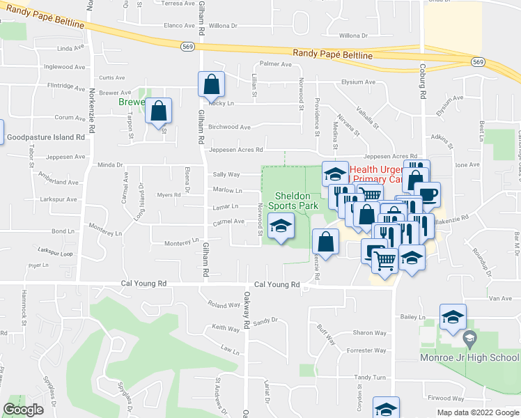 map of restaurants, bars, coffee shops, grocery stores, and more near 1720 Norwood Street in Eugene