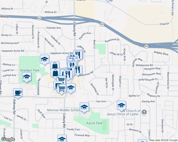 map of restaurants, bars, coffee shops, grocery stores, and more near 2982 Willakenzie Road in Eugene