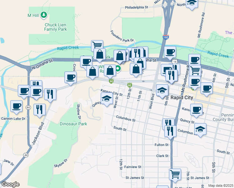 map of restaurants, bars, coffee shops, grocery stores, and more near 1307 Kansas City Street in Rapid City