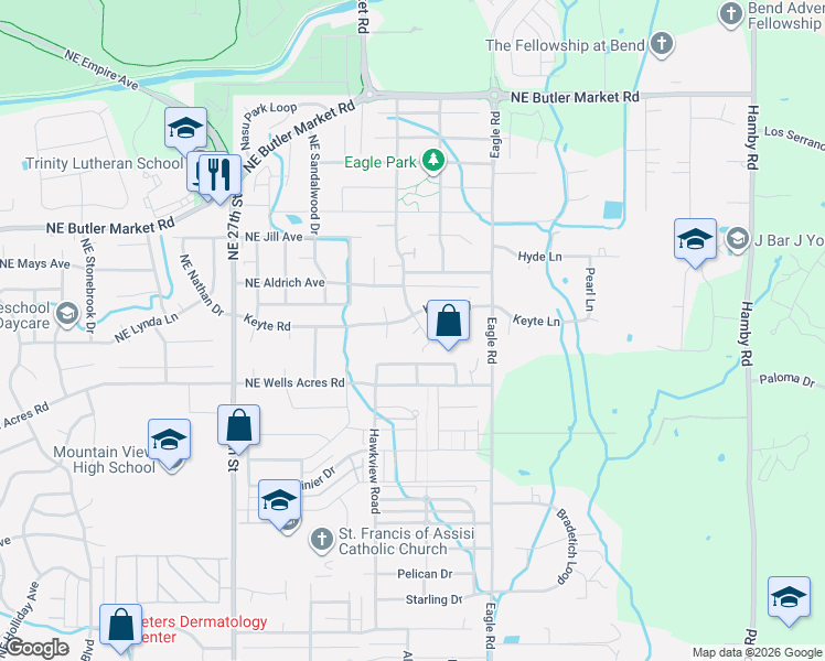 map of restaurants, bars, coffee shops, grocery stores, and more near 62808 Baskin Court in Bend
