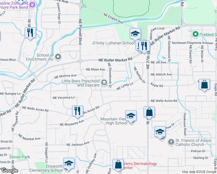map of restaurants, bars, coffee shops, grocery stores, and more near 2365 Northeast Lynda Lane in Bend