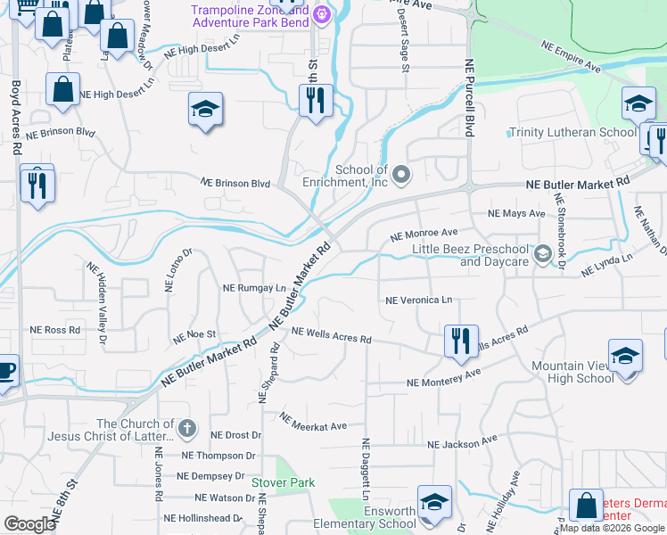 map of restaurants, bars, coffee shops, grocery stores, and more near 1627 Northeast Cackler Lane in Bend
