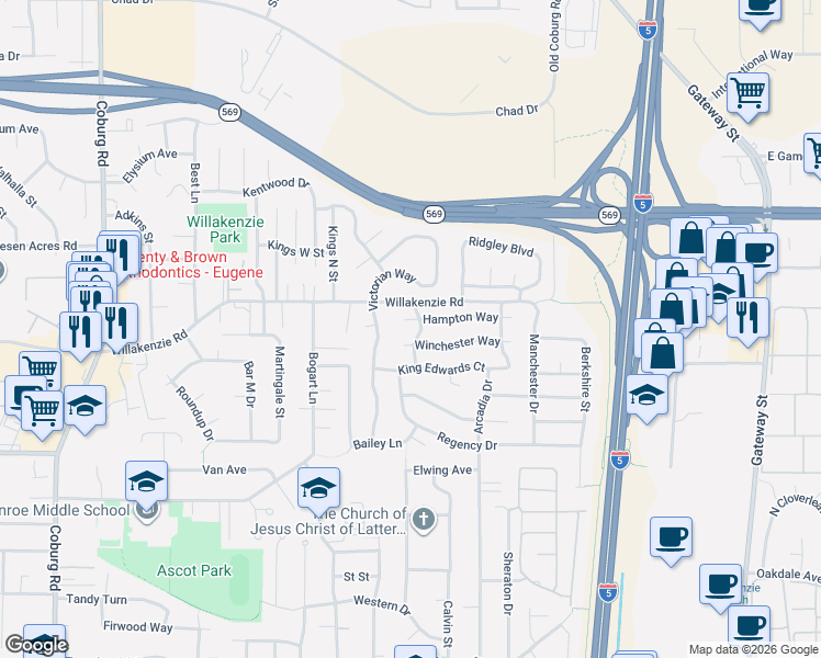 map of restaurants, bars, coffee shops, grocery stores, and more near 3322 Winchester Way in Eugene