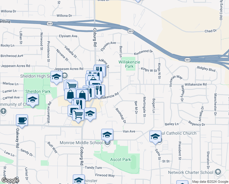 map of restaurants, bars, coffee shops, grocery stores, and more near 2982 Willakenzie Road in Eugene