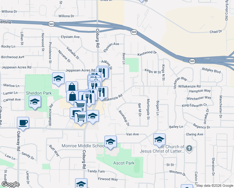 map of restaurants, bars, coffee shops, grocery stores, and more near 2982 Willakenzie Road in Eugene