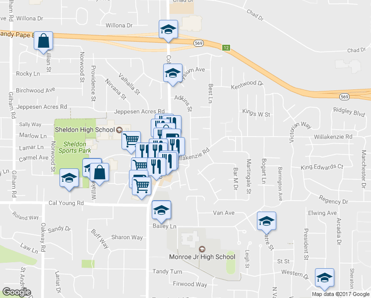 map of restaurants, bars, coffee shops, grocery stores, and more near 1600 Adkins Street in Eugene