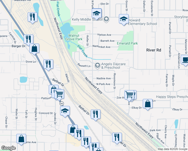 map of restaurants, bars, coffee shops, grocery stores, and more near 1209 North Park Avenue in Eugene