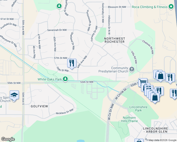 map of restaurants, bars, coffee shops, grocery stores, and more near 4328 56th Street Lane Northwest in Rochester