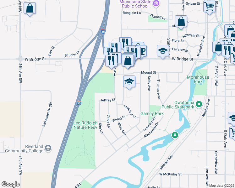 map of restaurants, bars, coffee shops, grocery stores, and more near 342 Meadow Lane in Owatonna