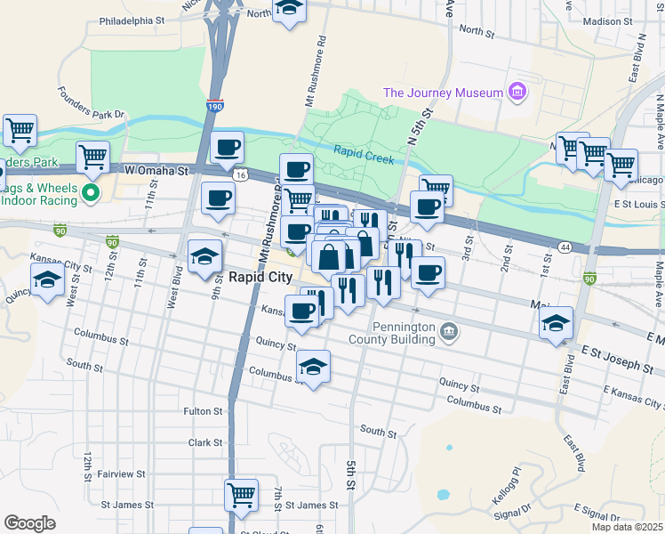 map of restaurants, bars, coffee shops, grocery stores, and more near 516 6th Street in Rapid City