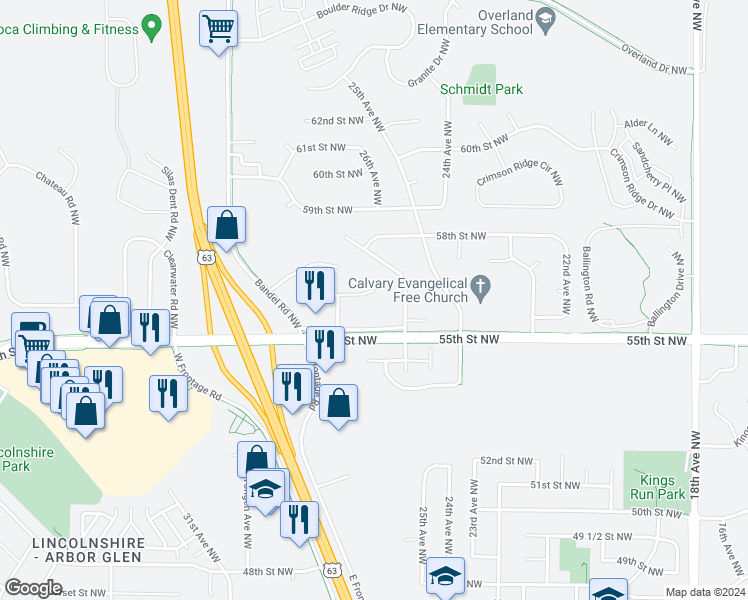 map of restaurants, bars, coffee shops, grocery stores, and more near 2700 56th Street Northwest in Rochester